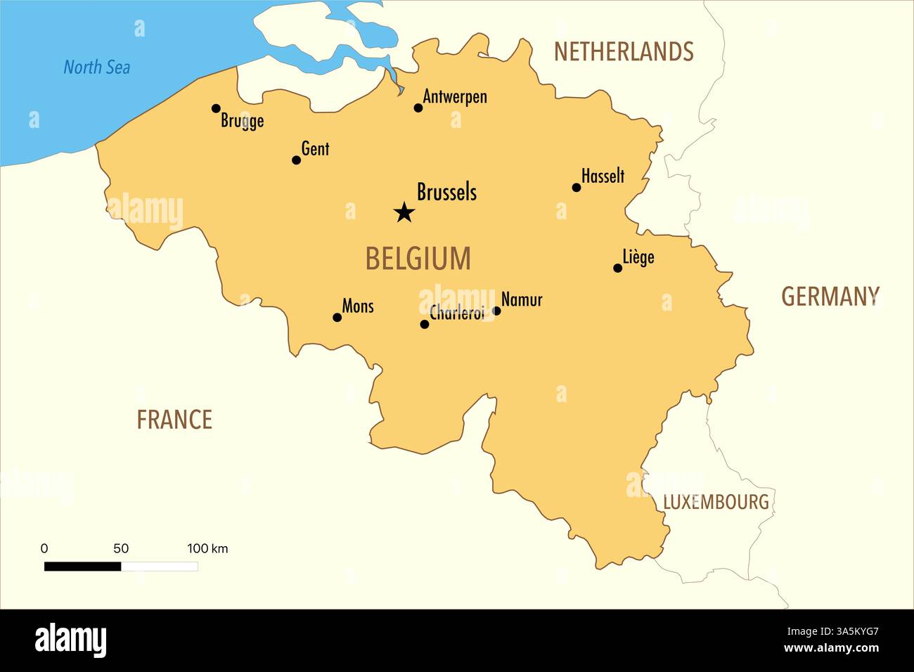 Mappa del Belgio con le principali città Foto Stock