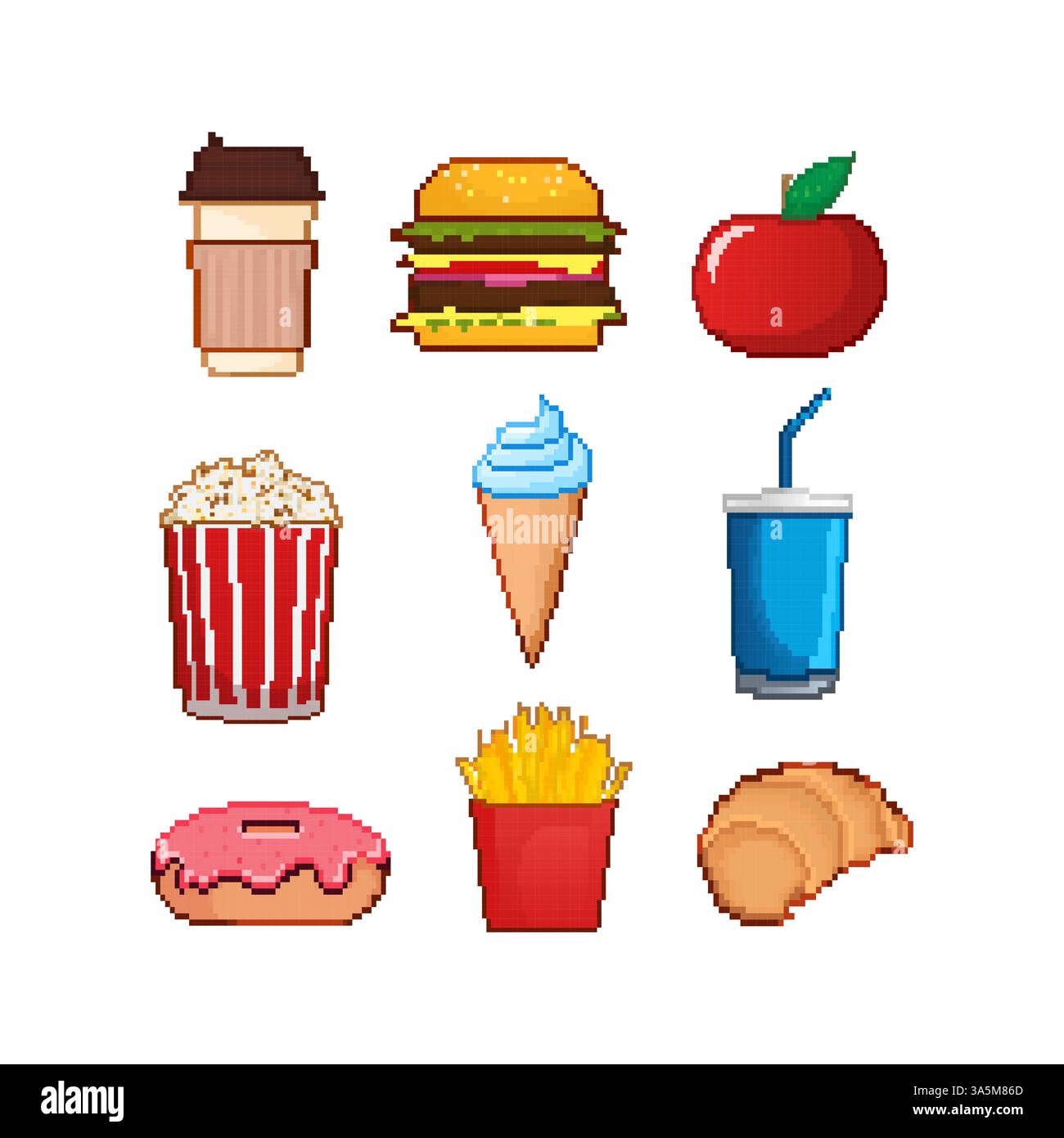 Set di pixel art con pixel food per la progettazione di giochi. Illustrazione grafica vettoriale. Cibo dolce. Illustrazione Vettoriale