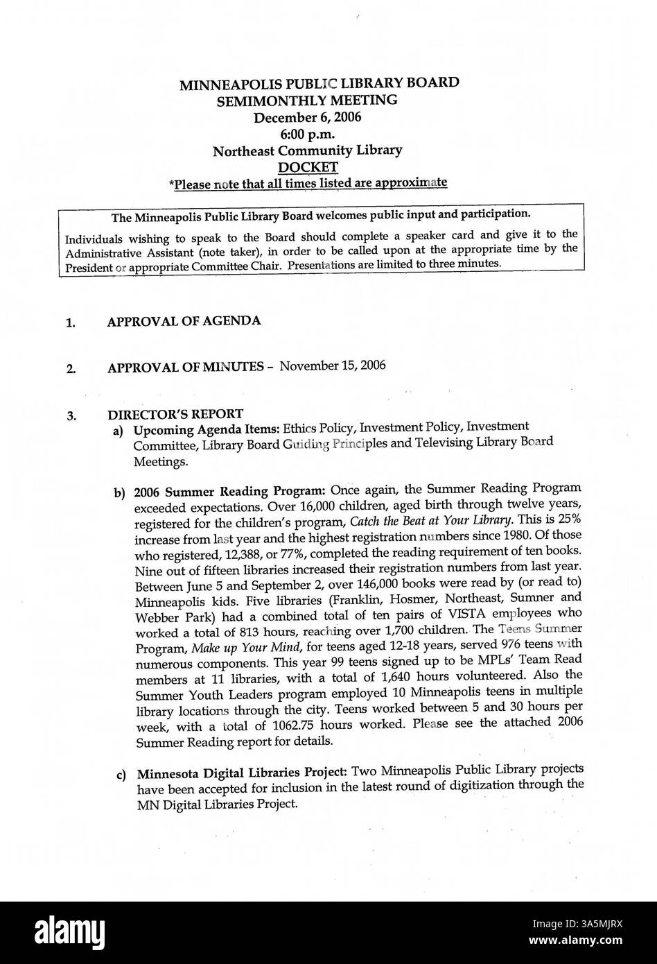 Questi verbali della riunione del Consiglio di amministrazione della Biblioteca pubblica di Minneapolis per il 2006 documentano le decisioni relative ai finanziamenti, alle politiche bibliotecarie e ai programmi comunitari volti a migliorare i servizi pubblici e l'accesso locale alle risorse bibliotecarie. Foto Stock