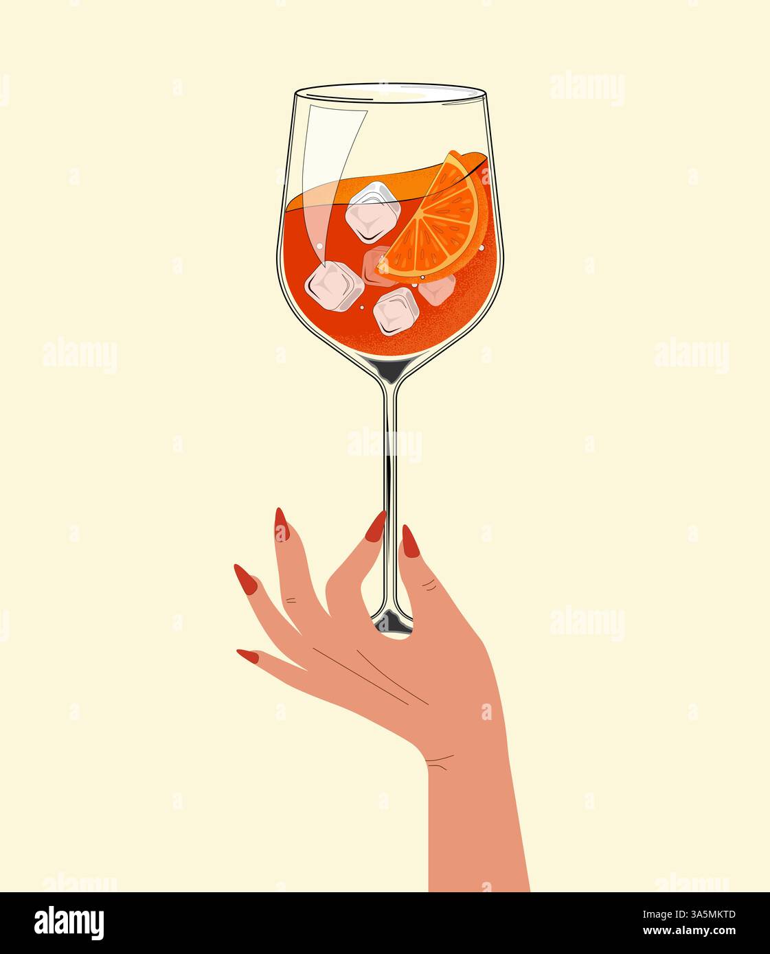 Cocktail Aperol Spritz in bicchiere a mano. Bevanda alcolica disegnata a mano con fetta di arancia e ghiaccio. Stile retrò. Illustrazione vettoriale Illustrazione Vettoriale
