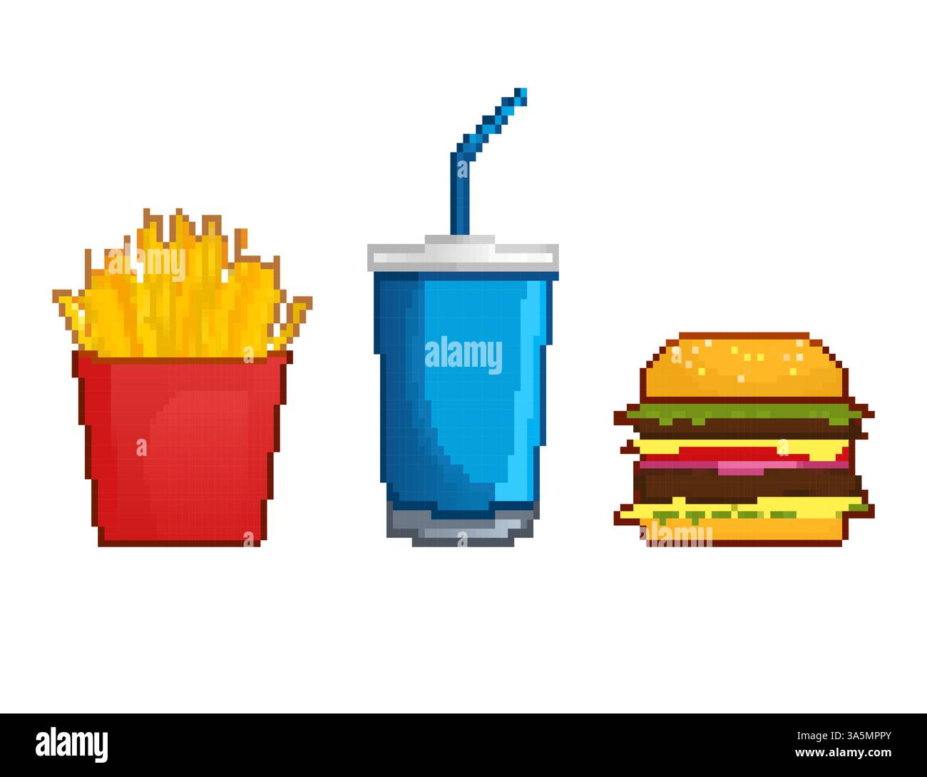 Pixel art set con cibo non leale per la progettazione di giochi. Illustrazione grafica vettoriale. Hamburger, bevande e patate gratuite Illustrazione Vettoriale