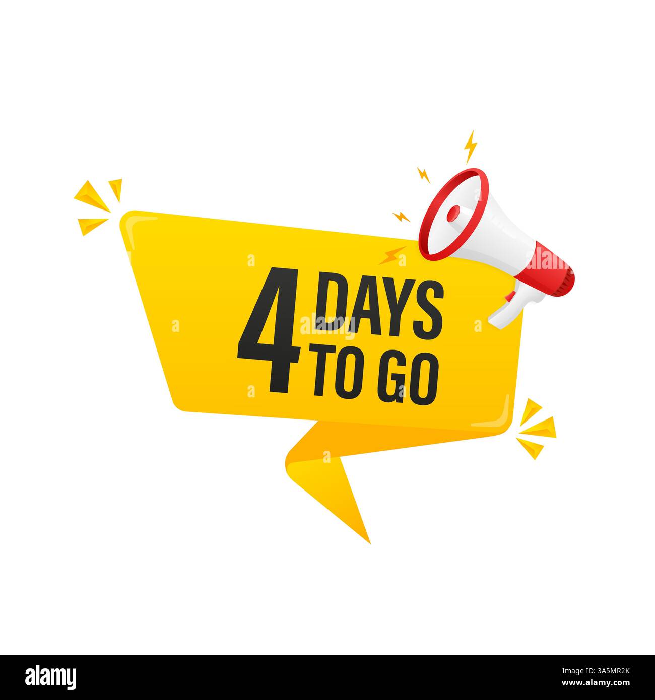 Poster moderno con megafono giallo per 4 giorni. Moderna icona rossa del megafono. Illustrazione vettoriale. Illustrazione Vettoriale