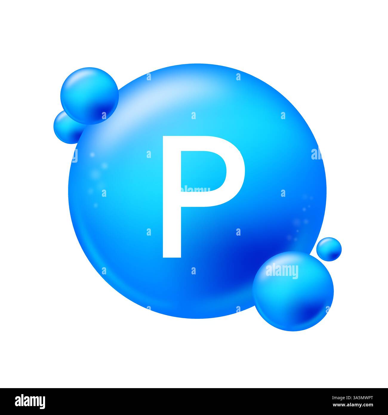 Fosforo, P. icona struttura elemento chimico forma rotonda cerchio azzurro. Elemento chimico della tavola periodica Illustrazione Vettoriale