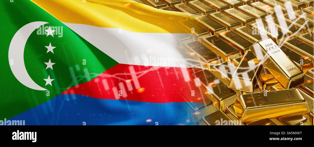 Barre d'oro con bandiera delle Comore. Registrare semplicemente le scorte di metalli preziosi. Sistema nazionale di economia bancaria di riserva in valuta estera. Riserva d'oro. immagine 3d. Foto Stock