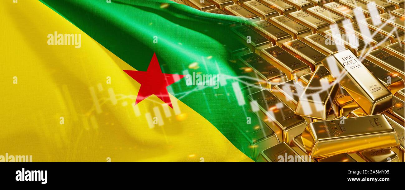 Barre dorate con bandiera della Guyana francese. Registrare semplicemente le scorte di metalli preziosi. Sistema nazionale di economia bancaria di riserva in valuta estera. Riserva d'oro. i 3d. Foto Stock