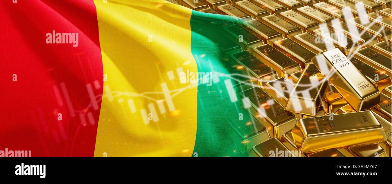 Barre d'oro con bandiera della Guinea. Registrare semplicemente le scorte di metalli preziosi. Sistema nazionale di economia bancaria di riserva in valuta estera. Riserva d'oro. immagine 3d. Foto Stock