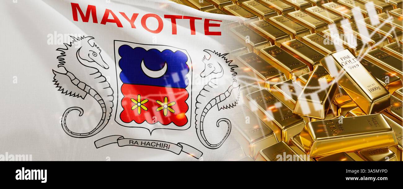 Barre dorate con bandiera Mayotte. Registrare semplicemente le scorte di metalli preziosi. Sistema nazionale di economia bancaria di riserva in valuta estera. Riserva d'oro. immagine 3d. Foto Stock