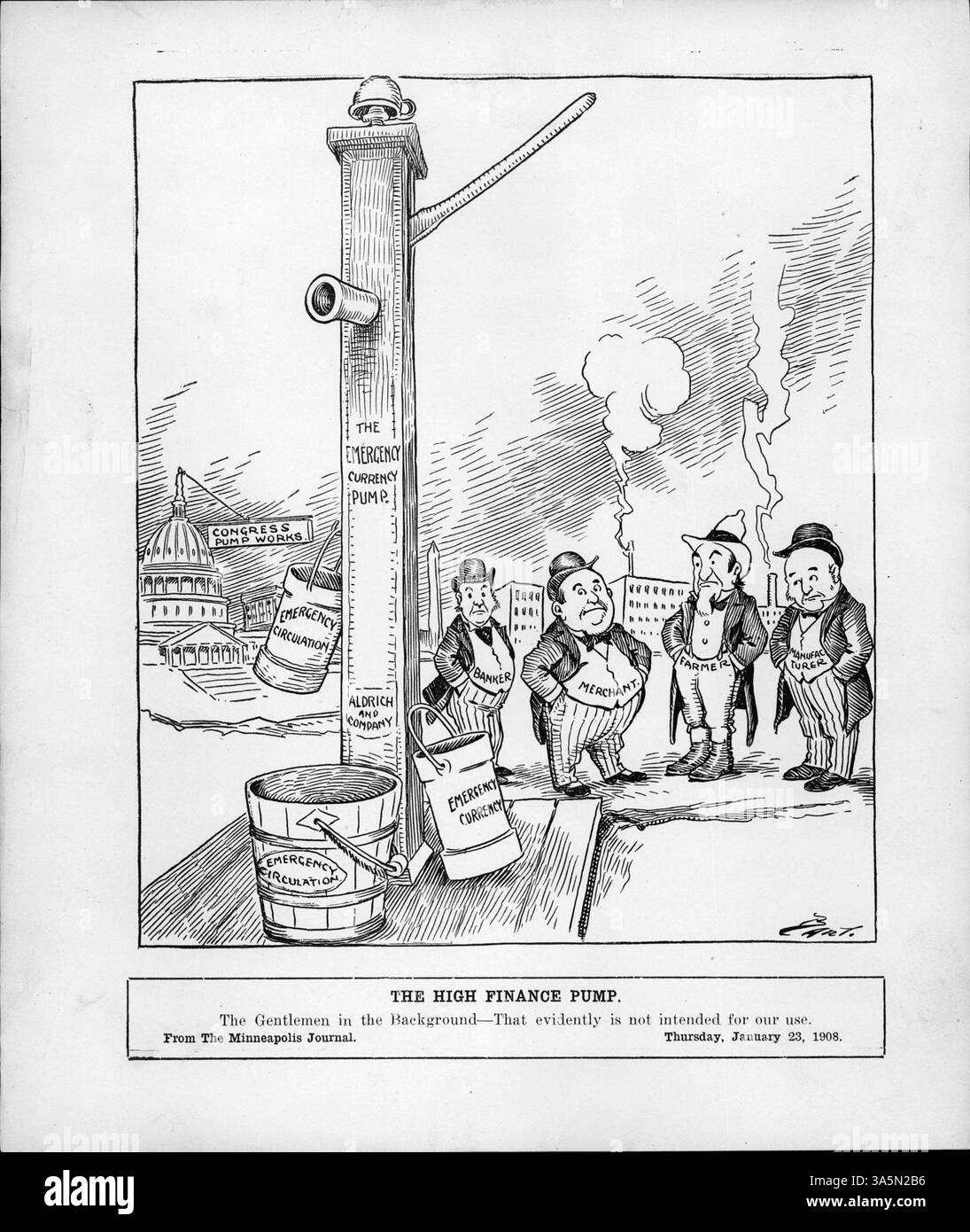 Un cartone animato politico che illustra banchieri, commercianti, agricoltori e produttori che osservano una grande pompa dell'acqua etichettata "Emergency Currency Pump". I secchi vicini denominati "valuta di emergenza" e "circolazione di emergenza" suggeriscono preoccupazioni sulla stabilità del sistema finanziario. Il fumetto commenta la proposta di innalzare i limiti di valuta extra nel disegno di legge di Aldrich, come riportato dal Minneapolis Tribune nel gennaio 1914. Foto Stock