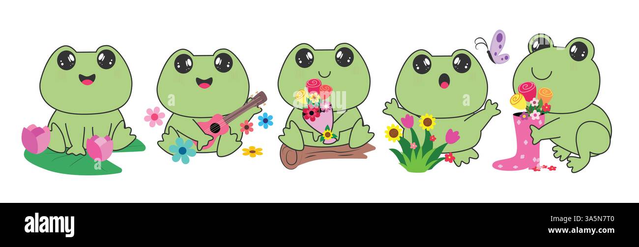 Set online clipart disegno rana. Simpatico personaggio di rana verde seduto in foglia, legno, suonare la chitarra, tenere in mano elementi bouquet clip art in Happy Illustrazione Vettoriale