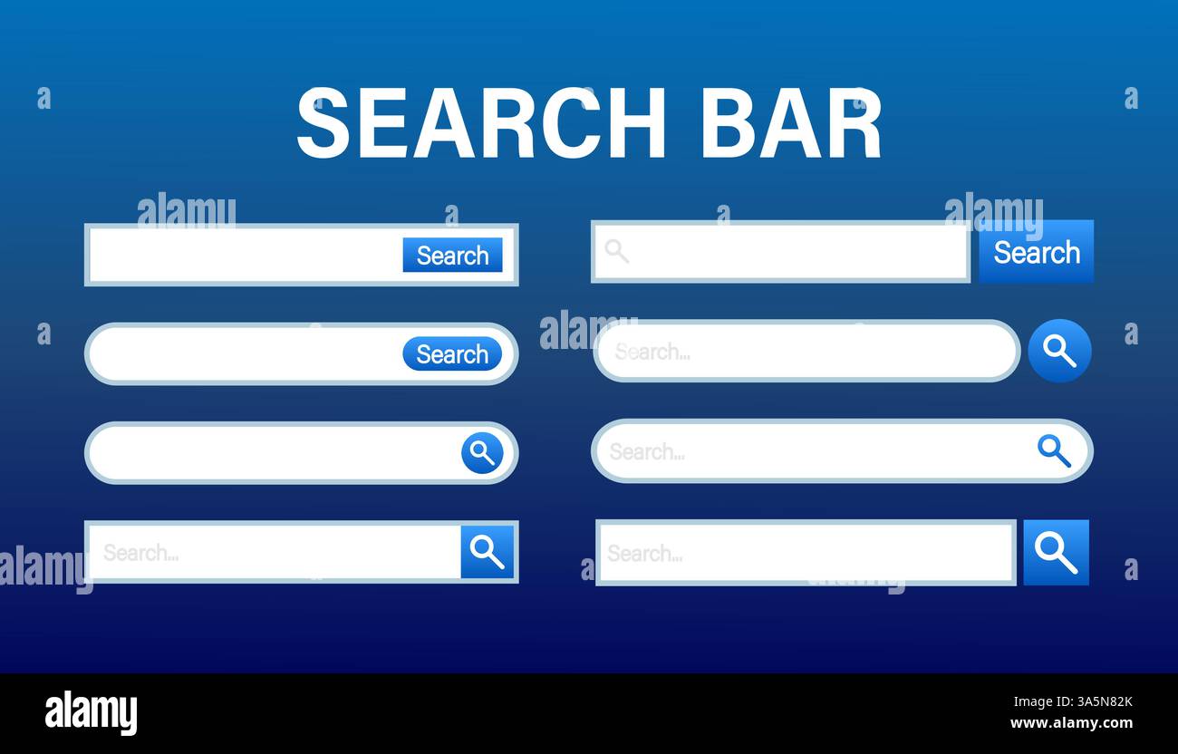 Modello vettoriale barra di ricerca. Colore bianco con elementi blu. Design classico e rotondo semplice su sfondo blu. Illustrazione Vettoriale