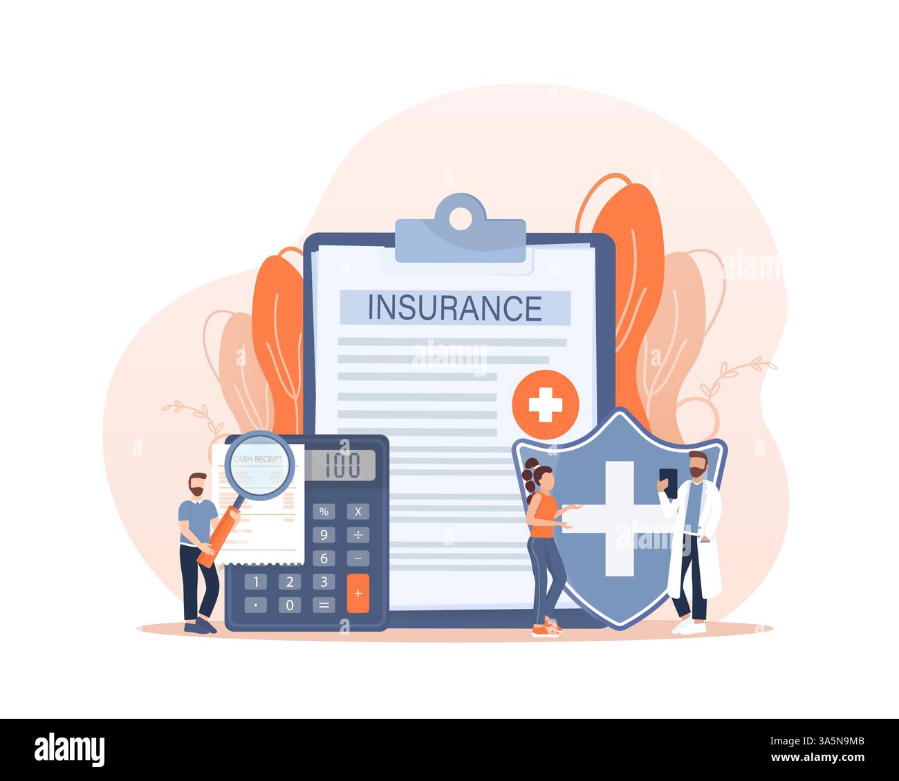 Illustrazione vettoriale con concetto di assicurazione sanitaria. Grande appunti con medico e donna. Sanità, finanza e servizi medici. Illustrazione vettoriale Illustrazione Vettoriale