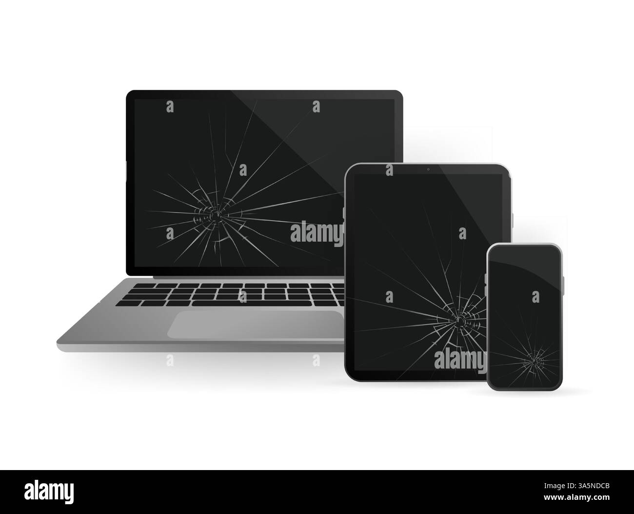 Illustrazione moderna con laptop in vetro rotto per un concept design. Icona del servizio di assistenza. Schermo dello smartphone. Schermo del notebook. Oggetto isolato. Internet Illustrazione Vettoriale