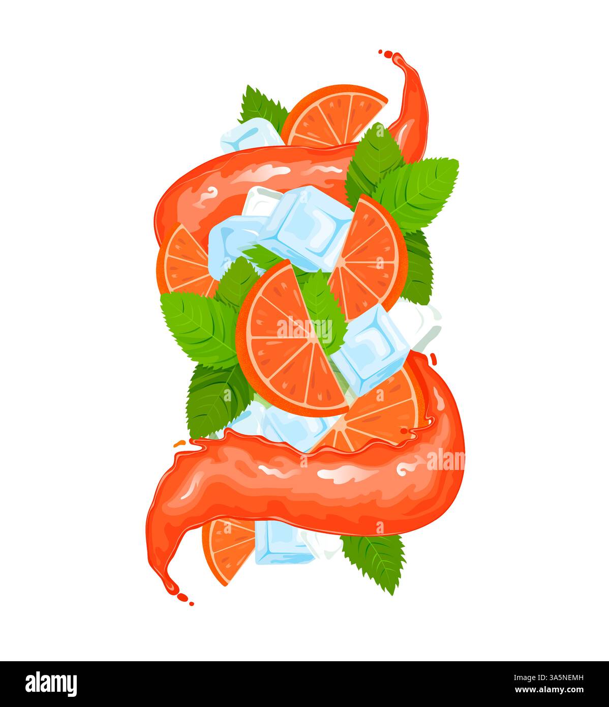 Succosa bevanda di pompelmo con succo piatto, cubetti di ghiaccio, lime e foglie di menta. Illustrazione vettoriale Illustrazione Vettoriale