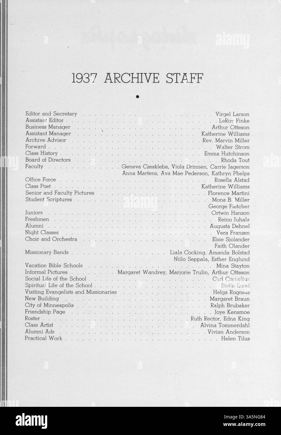 Questo annuario del 1937 del North Central Bible Institute documenta l'anno accademico 1936-1937, sottolineando le attività degli studenti e delle facoltà e fornendo un'istantanea della missione educativa cristiana dell'istituto. Foto Stock