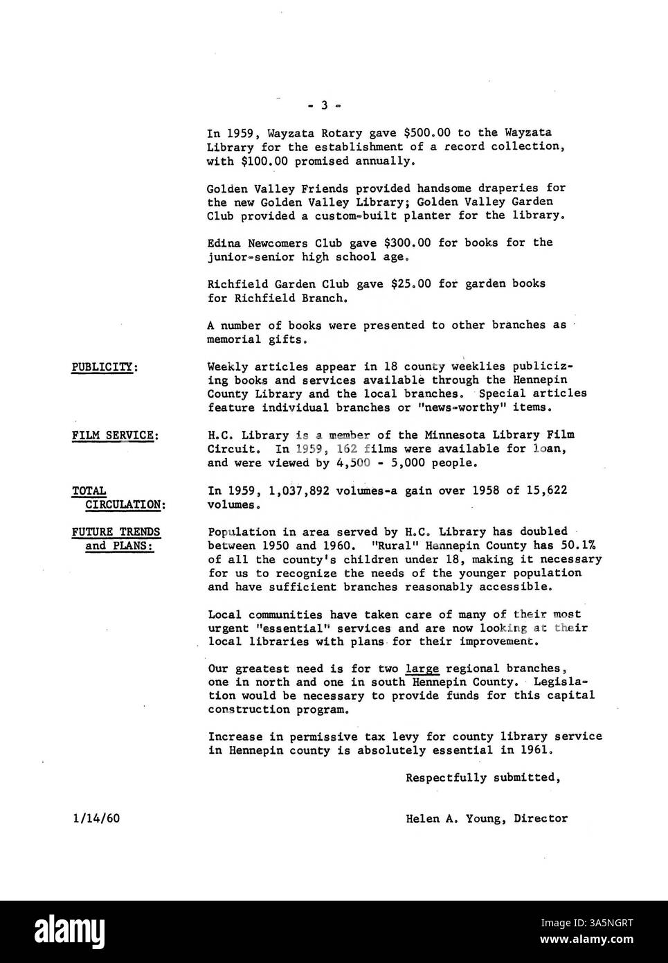 Questo documento descrive i verbali ufficiali della riunione del Consiglio di amministrazione della Minneapolis Public Library per l'anno 1960, evidenziando le decisioni chiave relative all'espansione della biblioteca, ai finanziamenti e alla cooperazione con la Hennepin County Library per migliorare i servizi e le risorse. Foto Stock