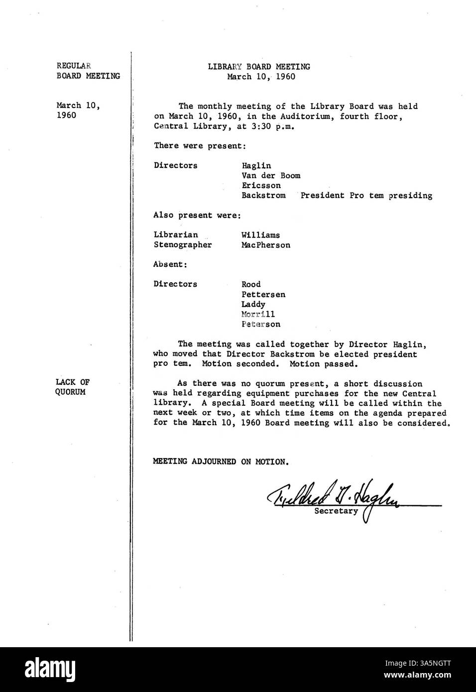 I 1960 minuti del Consiglio di amministrazione della Minneapolis Public Library forniscono un resoconto dettagliato delle decisioni relative al finanziamento delle biblioteche, all'espansione dei servizi e alla sua collaborazione in corso con la Hennepin County Library per servire il pubblico in modo più efficace. Foto Stock