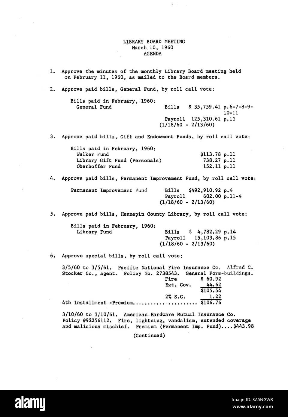Questo ingresso include i verbali della riunione del Consiglio di amministrazione della biblioteca pubblica di Minneapolis per il 1960. Fornisce informazioni sulle decisioni di finanziamento, sulle politiche delle biblioteche e sulla cooperazione con Hennepin County Library per migliorare l'accesso della comunità alle risorse biblioteche. Foto Stock