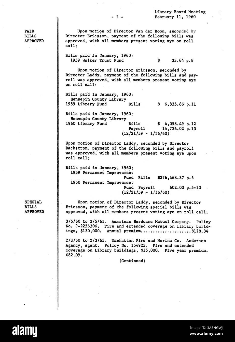 I verbali delle riunioni del Consiglio di amministrazione della Minneapolis Public Library del 1960 forniscono un riepilogo delle decisioni relative al finanziamento delle biblioteche, alle operazioni e all'espansione dei servizi, compresa la cooperazione con la Hennepin County Library. Foto Stock