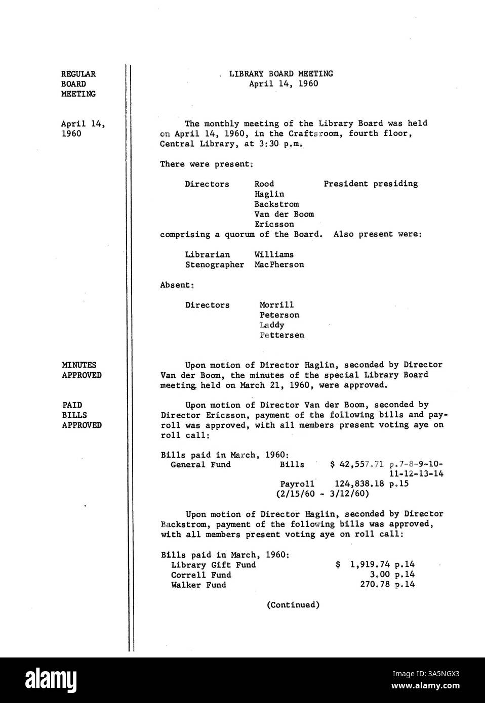 I 1960 minuti dal Consiglio di amministrazione della biblioteca pubblica di Minneapolis documentano le decisioni relative a finanziamenti, miglioramenti dei servizi e la cooperazione con la biblioteca della contea di Hennepin per migliorare l'accesso pubblico ai servizi e alle risorse della biblioteca. Foto Stock