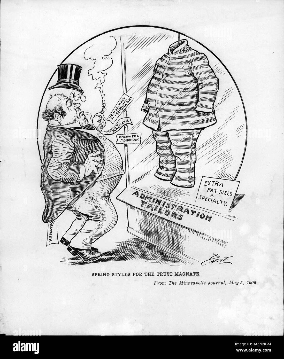 Un'immagine del magnate del Trust che reagisce alle divise carcerarie sovradimensionate, evidenziando le questioni del monopolio illegale e della cospirazione per limitare il commercio. Questo faceva parte dell’esposizione delle pratiche illegali di Standard Oil che è stata presentata al Congresso. Foto Stock