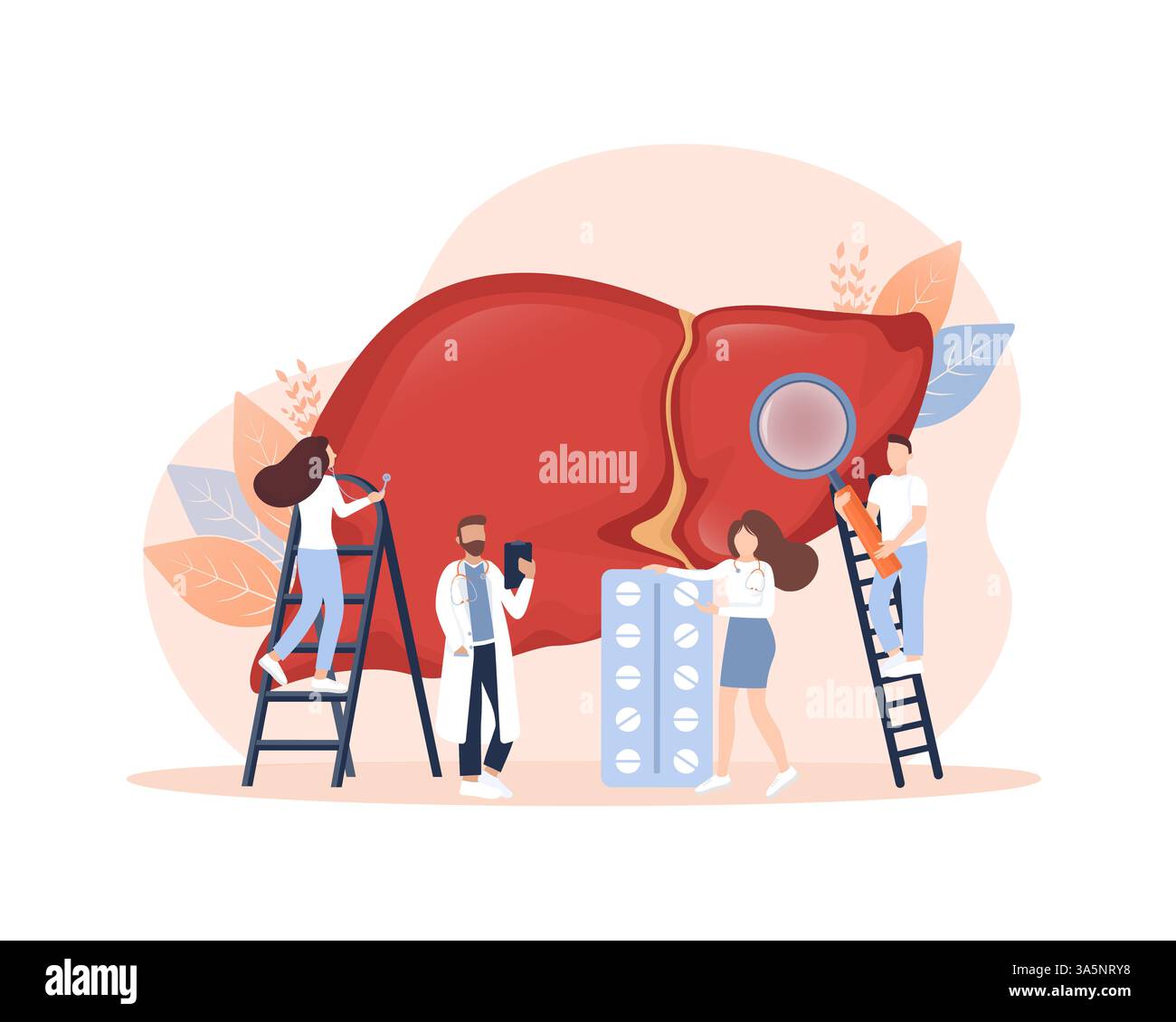 Illustrazione piatta con fegato su sfondo bianco per la progettazione medica. Personaggi in stile cartoni animati. Organo del sistema epatico vettoriale, cistifellea digestiva Illustrazione Vettoriale