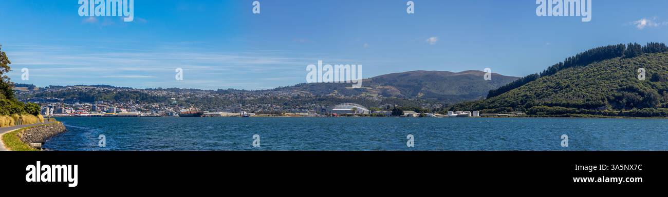 Vista panoramica costiera del porto di Otago dalla penisola di Otago, Dunedin, nuova Zelanda Foto Stock