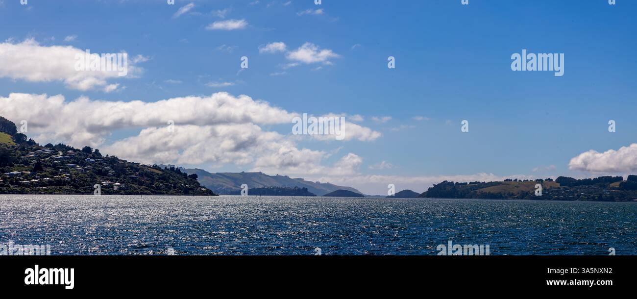 Vista panoramica costiera del porto di Otago dalla penisola di Otago, Dunedin, nuova Zelanda Foto Stock
