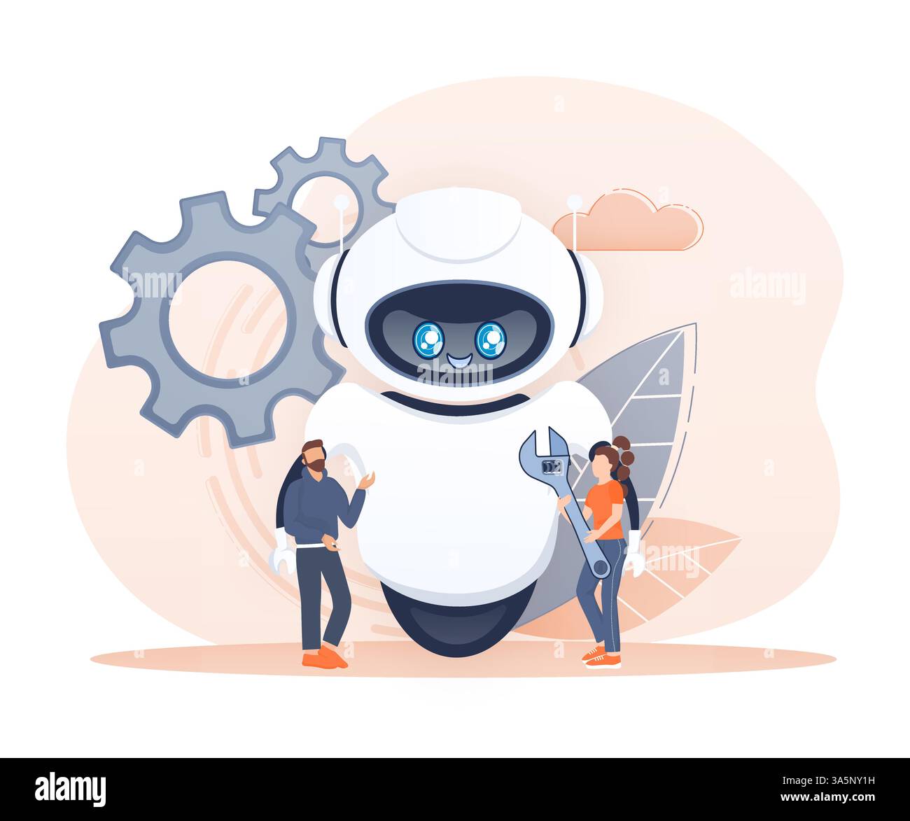 Imposta bot in stile cartone animato. Concetto di marketing sui social media. Social network globale Illustrazione Vettoriale