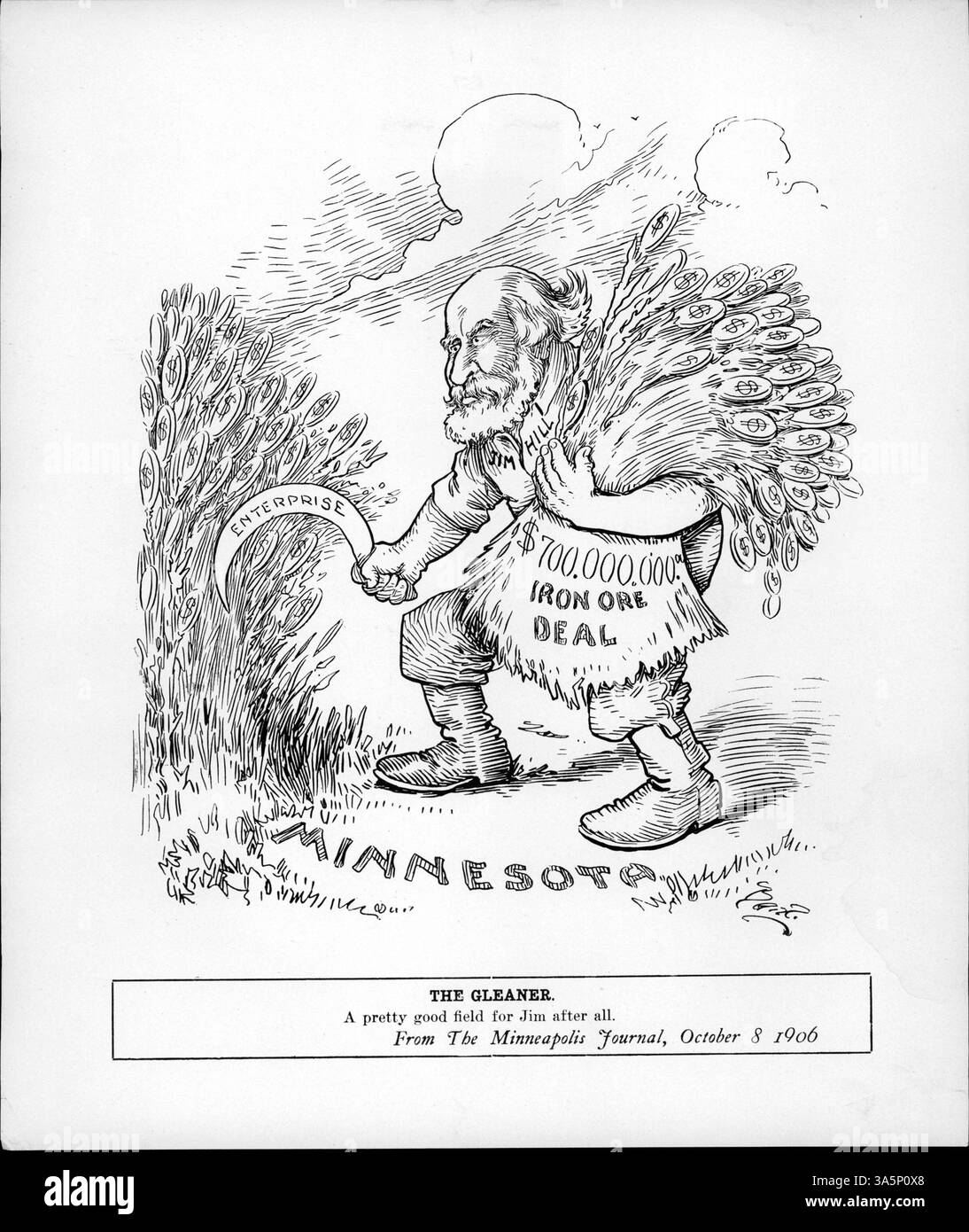 James J. Hill, una figura di spicco nella storia economica del Minnesota, riflette su un importante affare di minerali di ferro da 700.000.000 dollari in mezzo a lotte politiche, simboleggiato da un panello di grano. Foto Stock