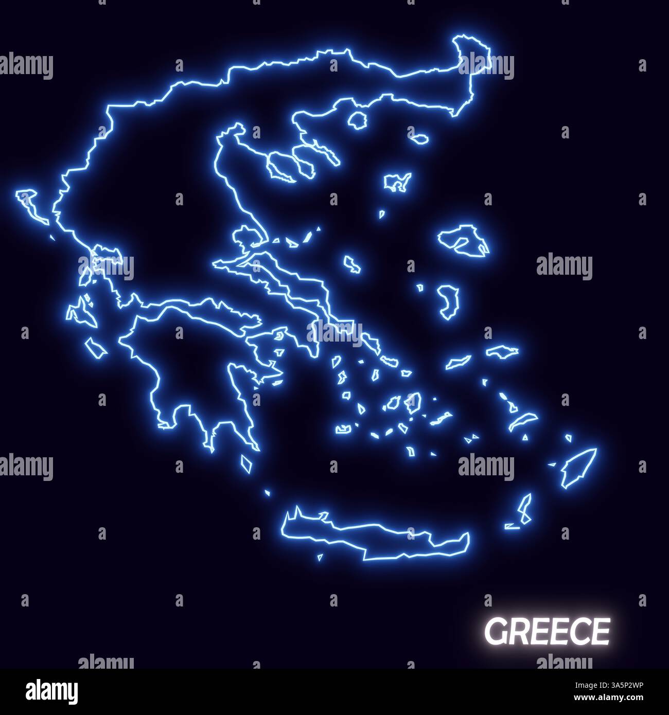 Mappa della Grecia su sfondo scuro, futuristica illustrazione della mappa al neon. Foto Stock