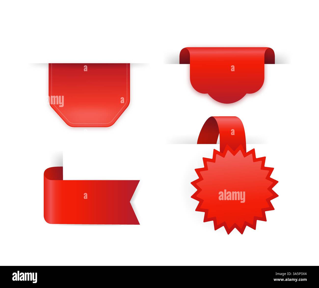 Modello piatto con nastro rosso vuoto per la vendita su sfondo bianco. illustrazione vettoriale 3d. Illustrazione Vettoriale