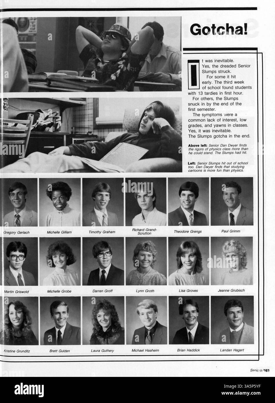 Il Kennedy High Yearbook del 1985 serve come record dell'anno accademico 1984-1985, documentando la vita degli studenti, gli insegnanti, gli eventi sportivi e le attività scolastiche. Foto Stock