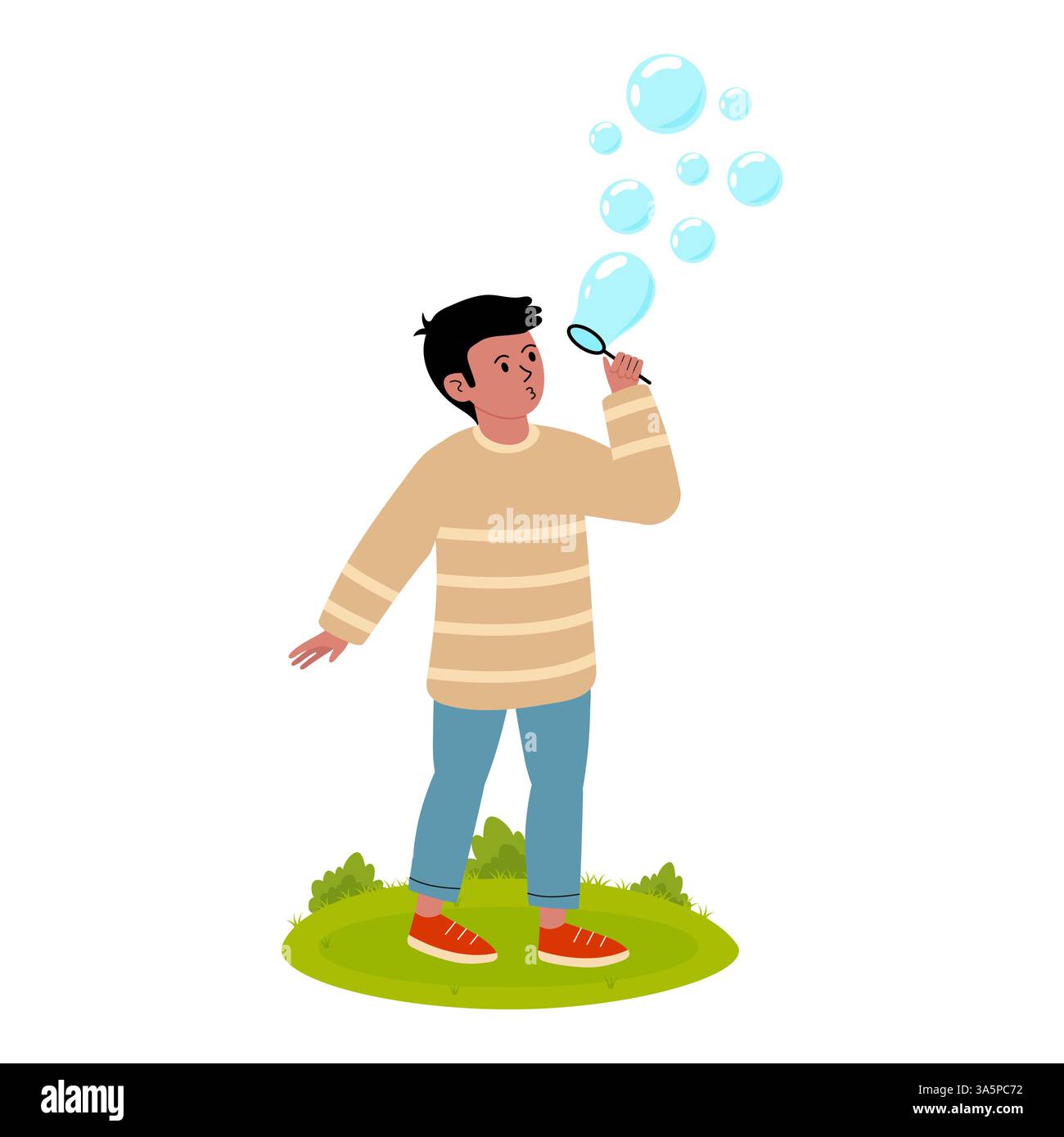 Bambini che amano fare le bolle in un parco soleggiato con lente d'ingrandimento Illustrazione Vettoriale