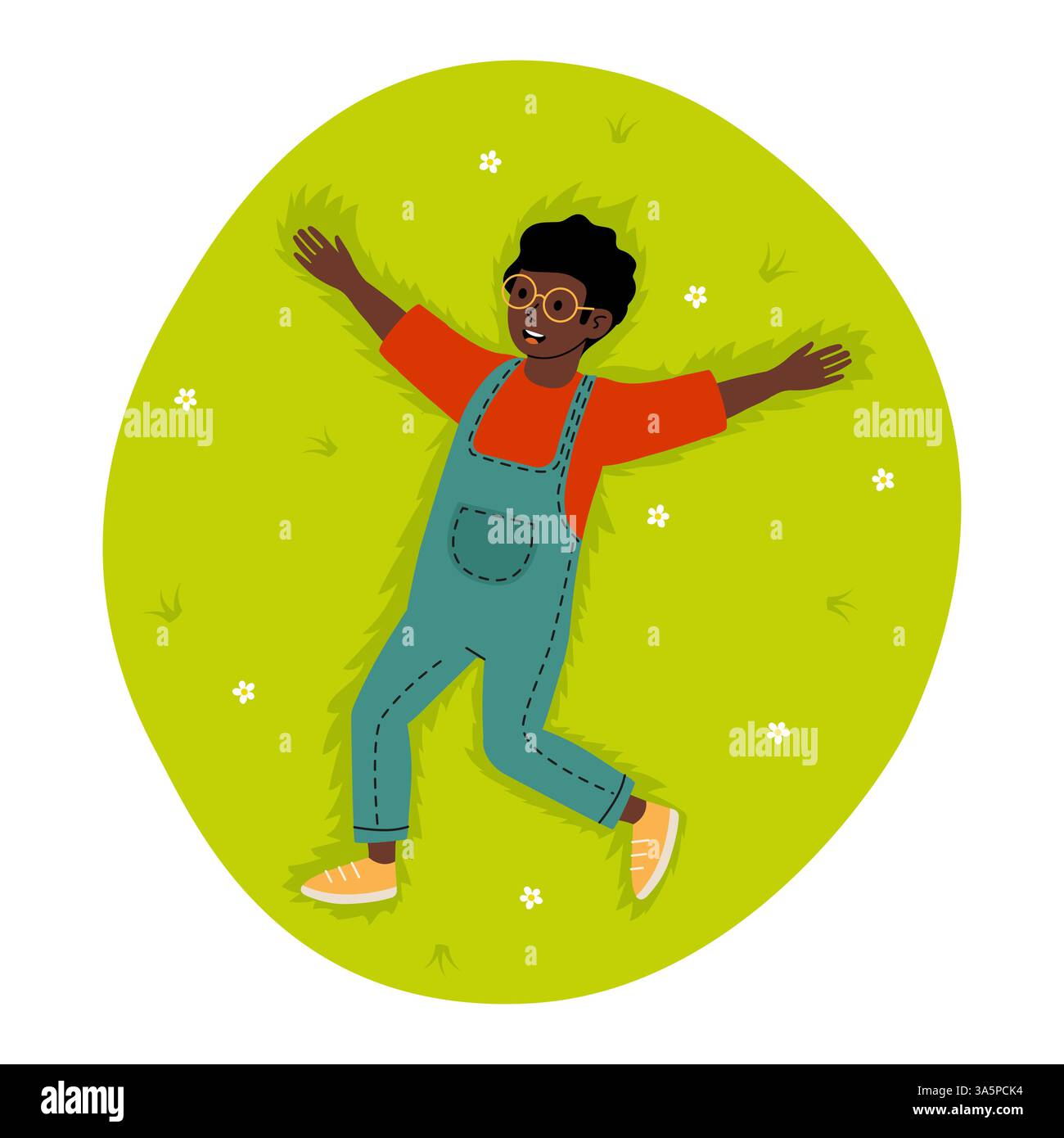 Il bambino ama la giornata di sole sdraiato sull'erba indossando tute e occhiali mentre gioca all'aperto Illustrazione Vettoriale