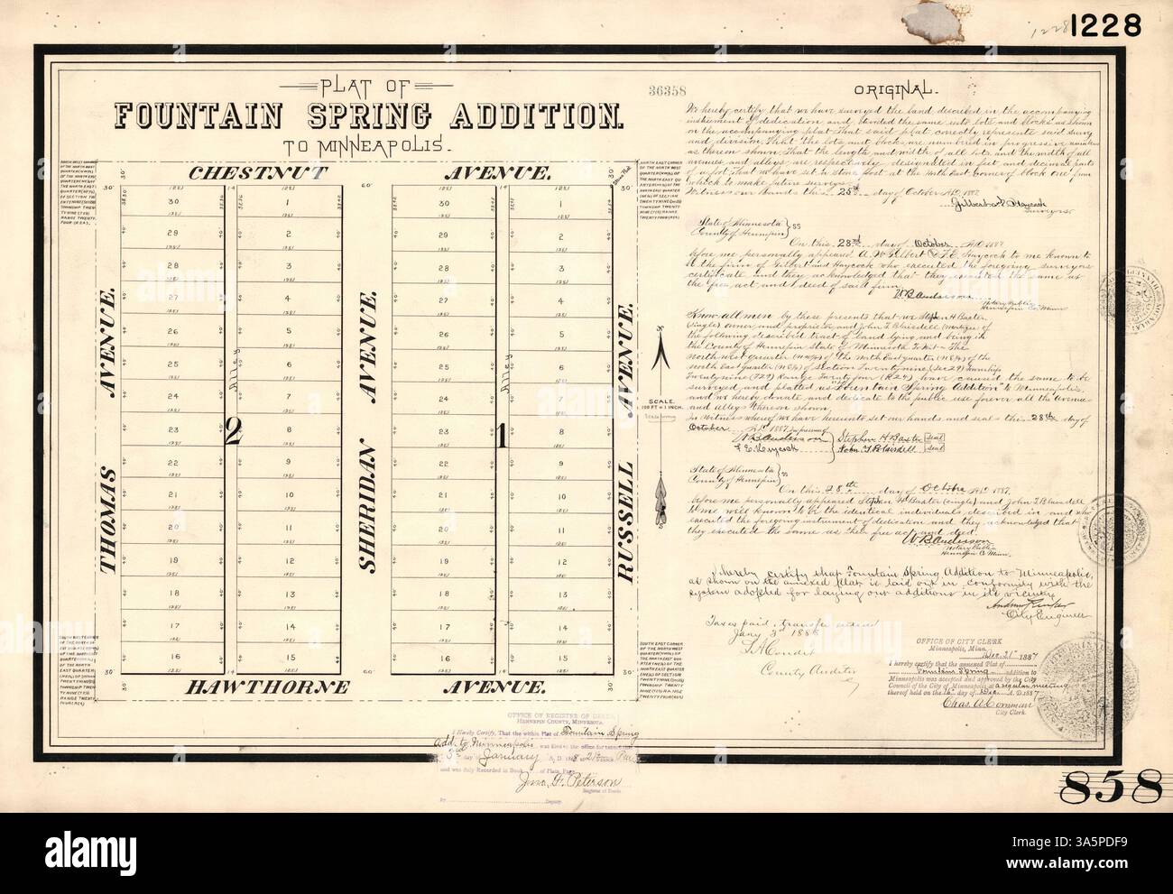Questa mappa delinea il layout e il design della Fountain Spring Addition, un'area sviluppata a Minneapolis per scopi residenziali. Foto Stock