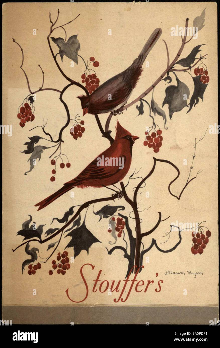 Questo menu a libro di Stouffer presenta una copertina raffigurante cardinali con la firma dell'artista. Il menu' include panini, insalate, antipasti e dessert, offrendo una varieta' di opzioni per il pranzo. Foto Stock