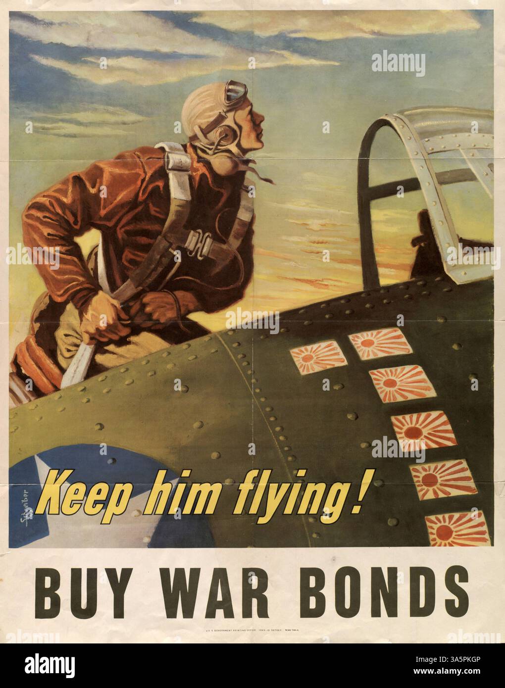 Un'immagine dell'era della seconda guerra mondiale che mostra un pilota di caccia americano che sale nella sua cabina di pilotaggio, con bandiere giapponesi che simboleggiano gli aerei nemici abbattuti, promuovendo gli acquisti di War Bond. Foto Stock