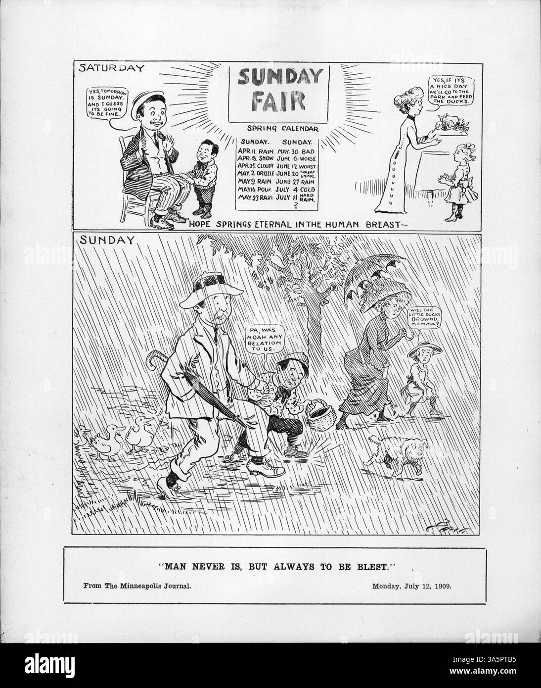 Questo pezzo cattura il desiderio umano di felicità nonostante le condizioni avverse, illustrato da una famiglia che si prepara a una giornata di pioggia all'aperto. Foto Stock