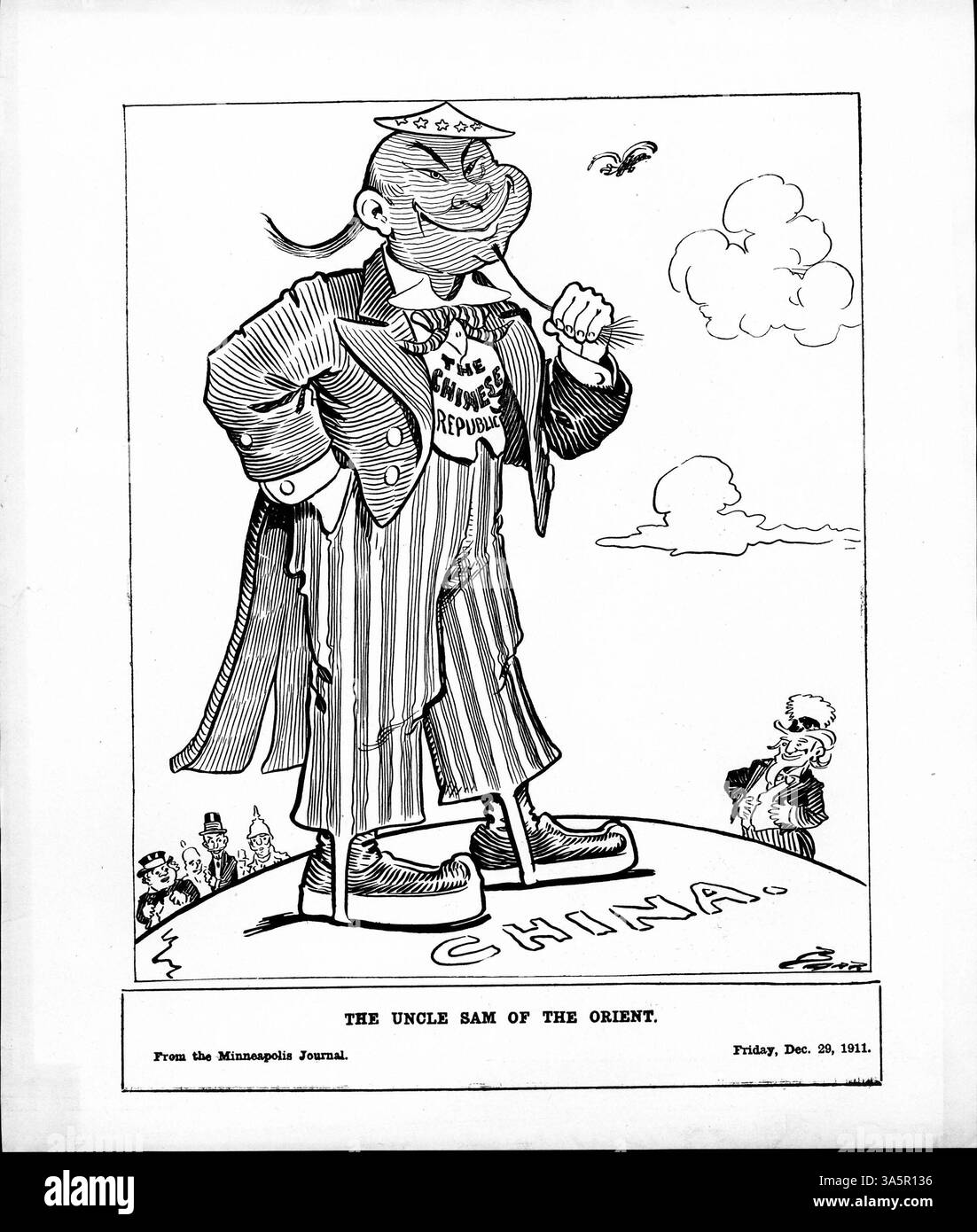 Un’illustrazione storica dello zio Sam che osserva la transizione della Cina verso una Repubblica durante la rivoluzione Xinhai, che ha segnato un significativo cambiamento politico nel governo cinese. Foto Stock