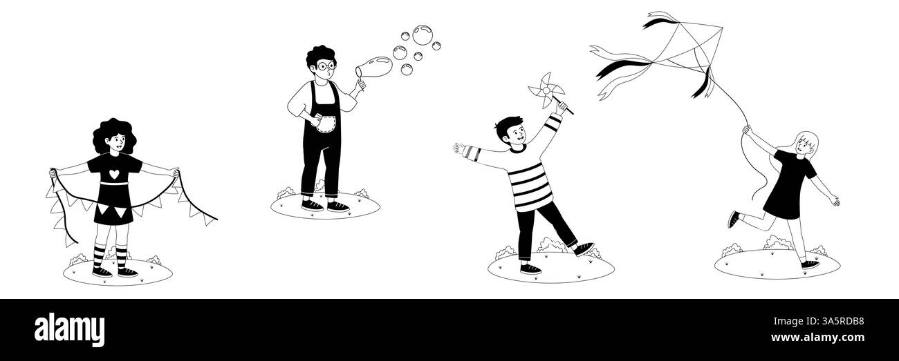 I bambini possono praticare attività all'aperto con aquiloni e bollicine in un ambiente divertente in primavera Illustrazione Vettoriale