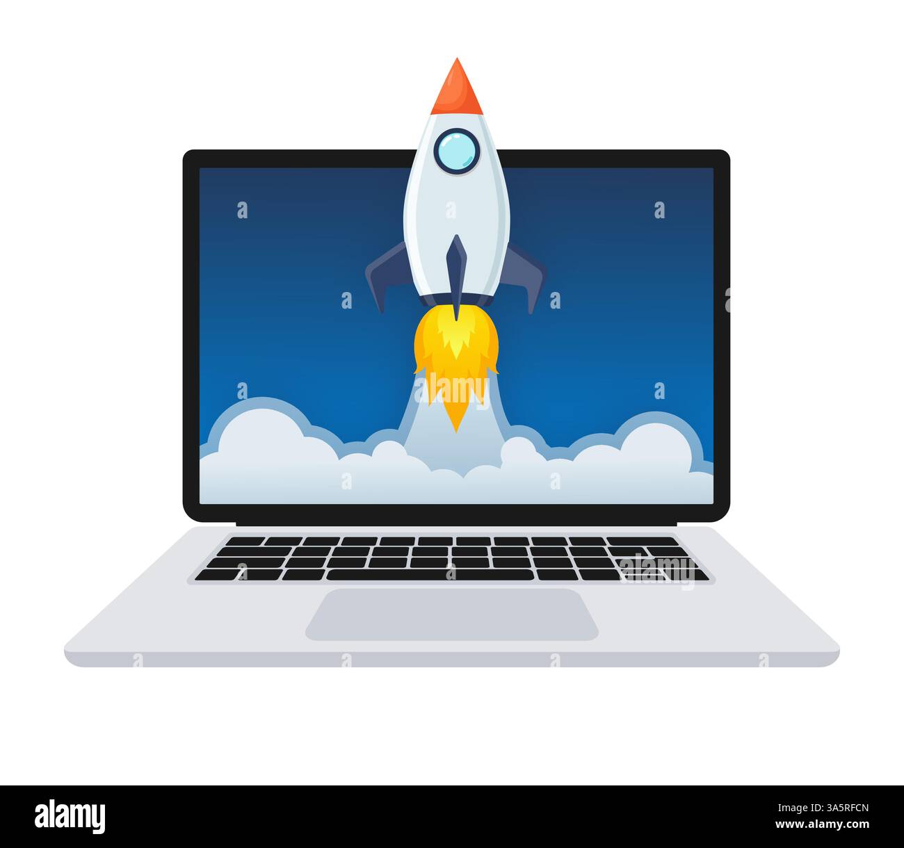 Lancio del razzo dallo schermo del notebook. Concetto per un nuovo progetto aziendale, lancio di prodotti o servizi con simboli. Illustrazione Vettoriale