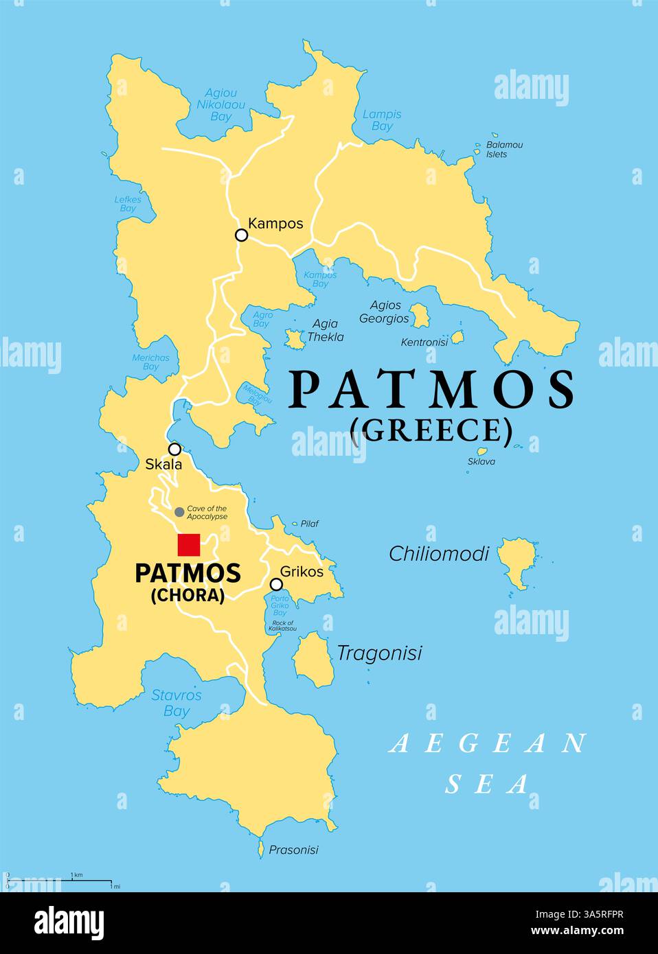 Patmos, isola greca, mappa politica. Isola di Grecia nel Mar Egeo, la parte più settentrionale del Dodecaneso. Qui Giovanni di Patmos ricevette le sue visioni. Foto Stock