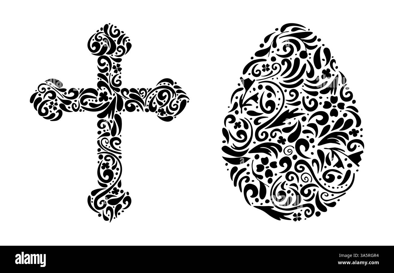 Incrocio e set di uova con motivi. Elementi decorativi di temi religiosi, simboli pasquali. Un modello per incisione, stampe, tatuaggi e cartoline. Illustrazione vettoriale. Illustrazione Vettoriale