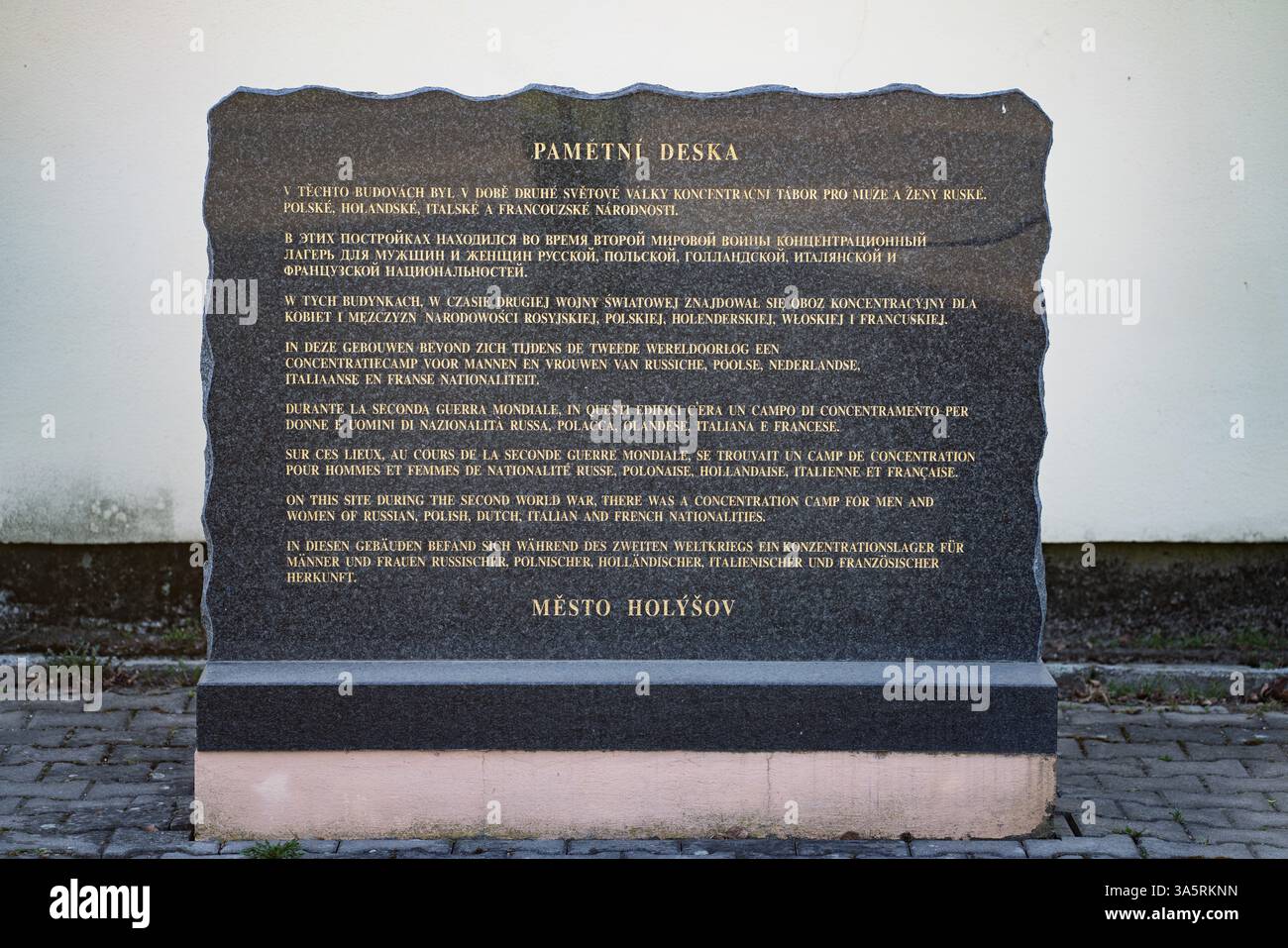 Primo piano del memoriale ai prigionieri del campo di concentramento nazista di Holýšov, in Cechia, che usava il lavoro forzato per la produzione di munizioni in una fabbrica locale. Foto Stock