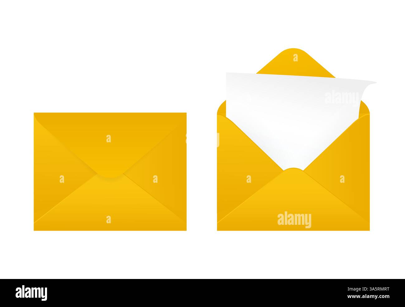 Biglietto da visita piatto con busta gialla chiusa su sfondo bianco per il design della carta. Biglietto da visita vuoto. Sfondo bianco, isolato. Illustrazione Vettoriale