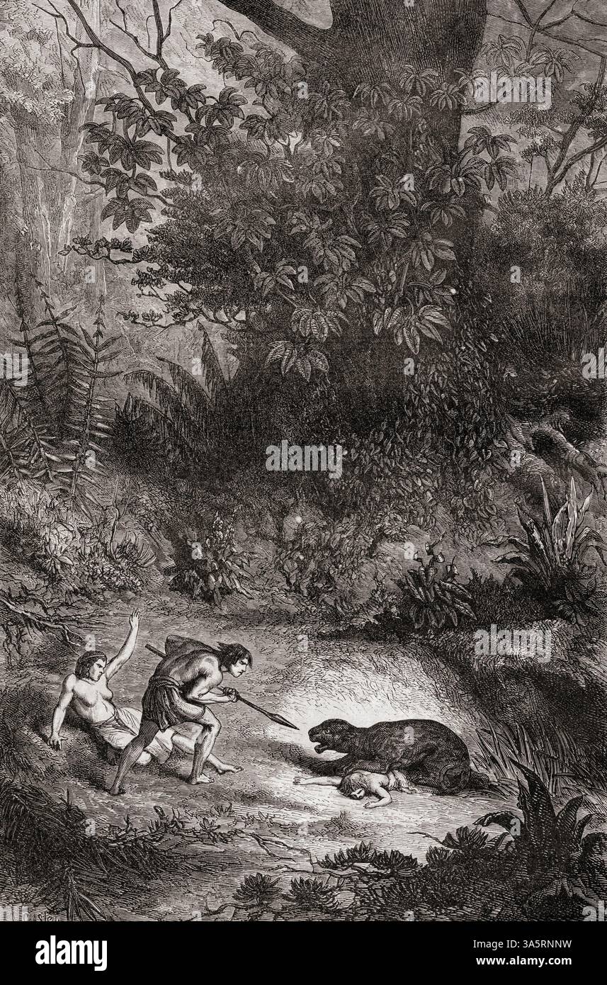 Famiglia indiana attaccata da un giaguaro. Da Aventures et Malheurs de la Señora Libarona dans le Grand Chaco, Amerique meridionale, 1840 - 1841 o le avventure e le disgrazie della signora Libarona a Grand Chaco, Sud America, 1840-1841. Apparso in le Tour du Monde, pubblicato nel 1861. Foto Stock