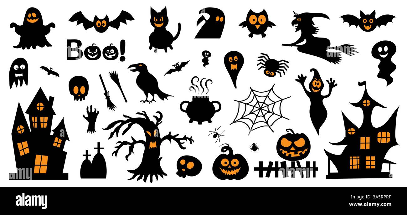 Set di silhouette di Halloween su sfondo bianco. Illustrazione vettoriale Illustrazione Vettoriale