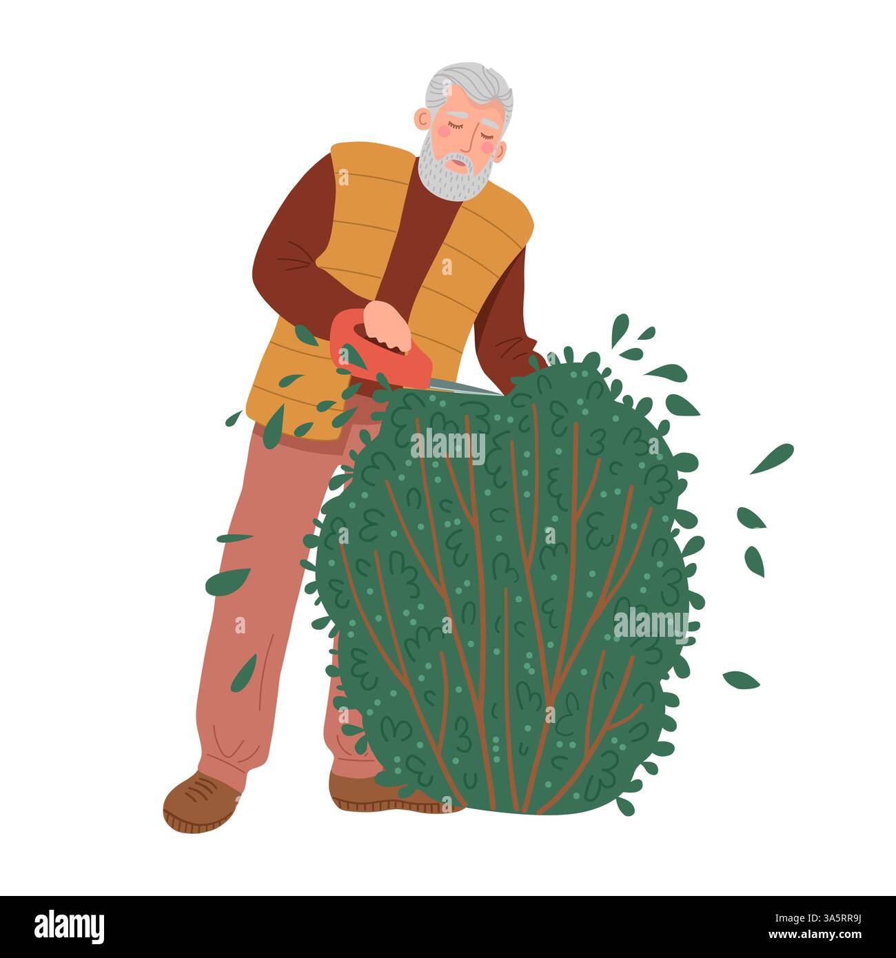 L'uomo anziano sta rifilando un cespuglio, arte topiaria. Illustrazione vettoriale Illustrazione Vettoriale