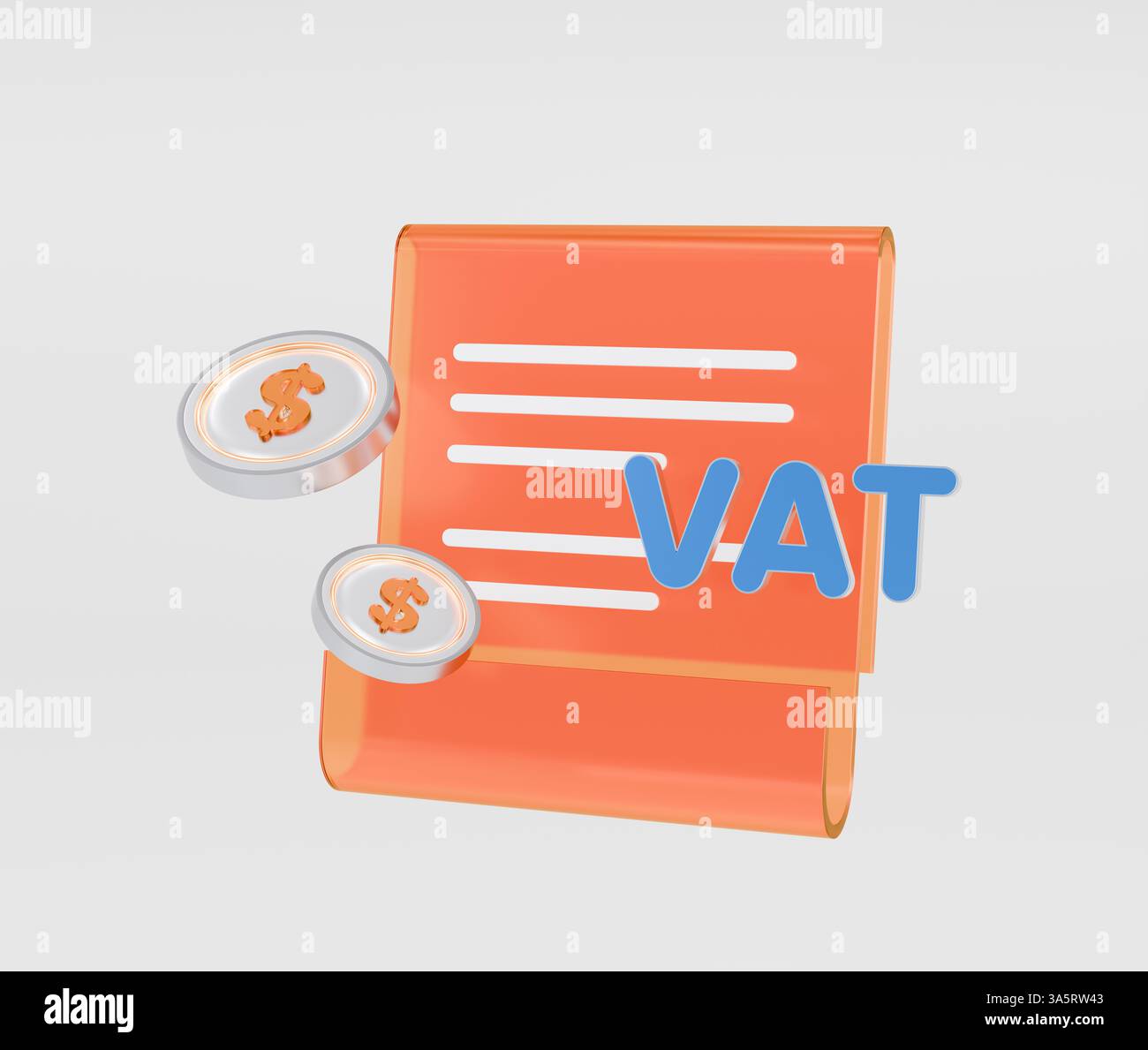 Icona 3d della fattura IVA con monete in dollari. Illustrazione del concetto finanziario. Foto Stock