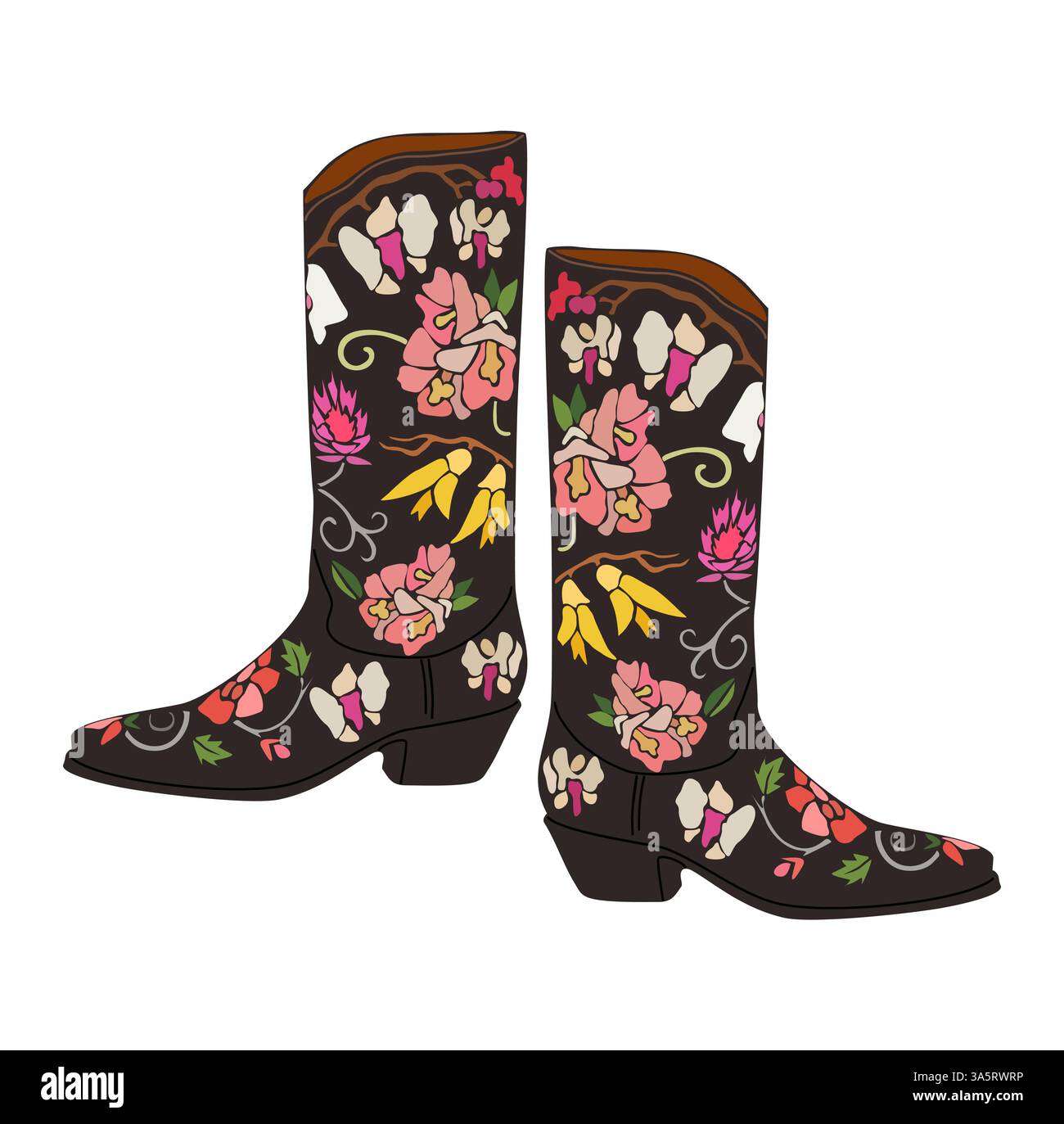 Stivali da cowboy vintage con ricami floreali Illustrazione Vettoriale